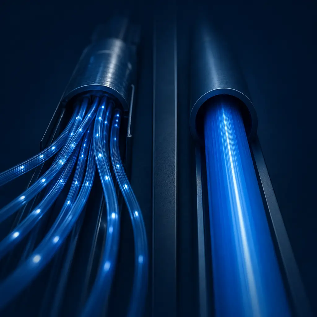 Haz de fibras de luz dispersas junto a un solo conducto de luz azul