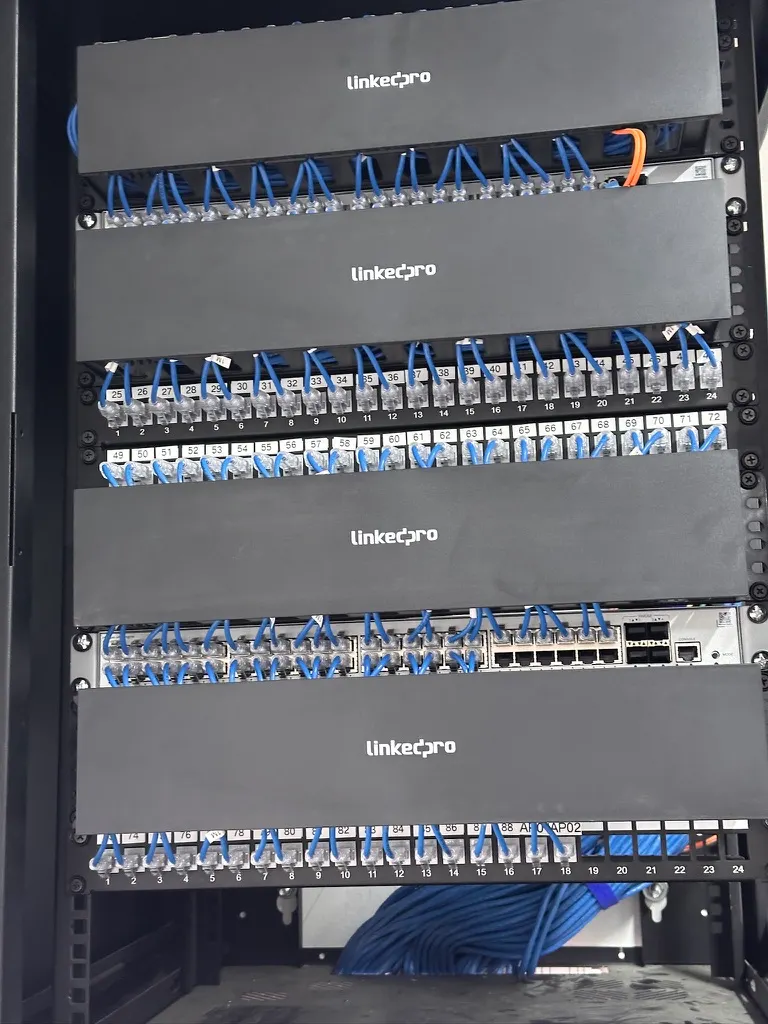 Interior de un gabinete de pared: cuatro organizadores de cable, paneles con los puertos numerados y patch cords azules